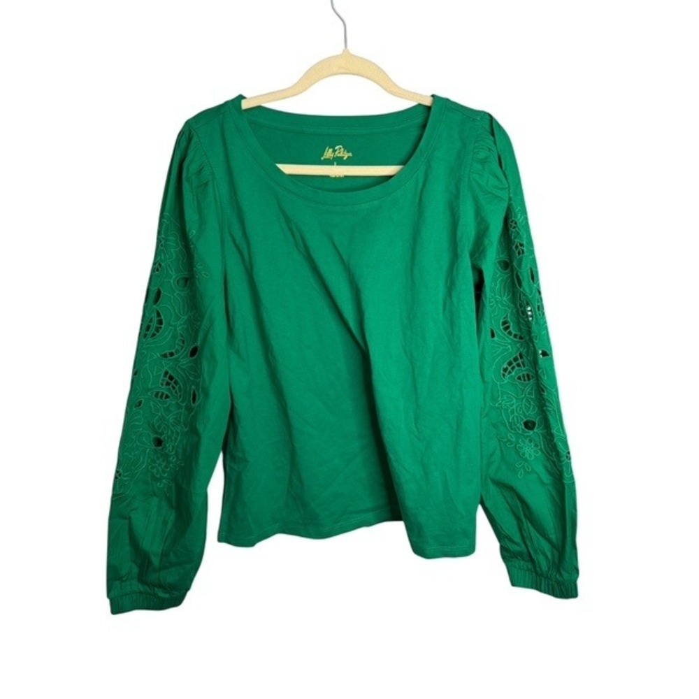 Lilly Pulitzer Blouse Women's Large Isley Knit Floral Embroidered Green